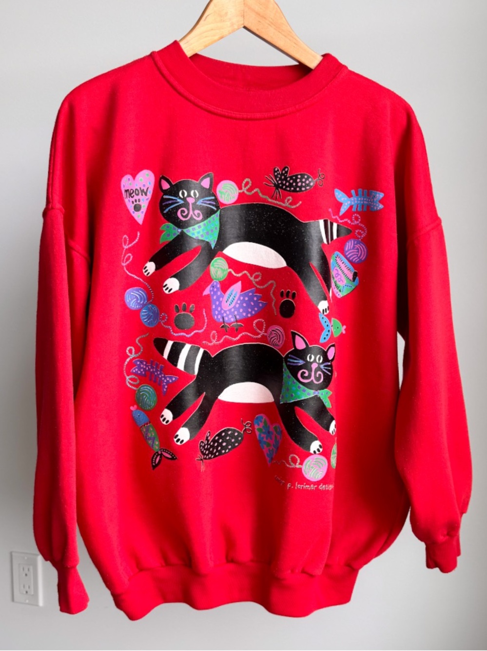 Vtg Carolyn P Lorimer Designs Cat Crewneck Sweatshirt L Red Made In Canada